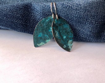 Large Copper Leaf Earrings with Blue Patina and Silver Accents, Handmade Oneofakind Mixed Metal Jewelry, LaRuDesign