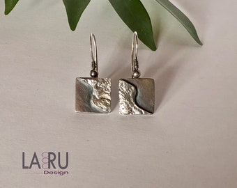 Small Square Silver Drop Earrings, Reticulated Silver Earrings, Textured Silver, 925 Sterling, Handmade Jewelry, LaRuDesign