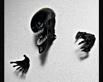 Aliens Wall Mount Bust, 3D Head Decor with Hands
