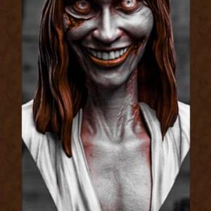 May include: A bust of a pale figure with long auburn hair, glowing white eyes, and a wide, sinister grin. The figure wears a white garment. The base features the text "EVIL DEAD RISE" and a small framed image with the same title text.