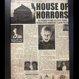 Pinhead HellRaiser Framed Newspaper - Horror Movie Wall Art, Vintage Cult Classic Decor, Gift for Fans