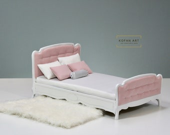 double bed for doll, 1/6 scale miniature dollhouse furniture.