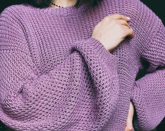 Alpaca-zijden trui Oversized handgemaakte trui Handgebreide alpacatrui Ribgebreide trui Lavendeltrui