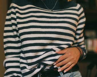 Handgebreide gestreepte trui Nautische trui voor dames Handgemaakte oversized katoenen trui S-M