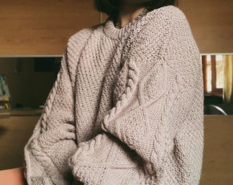 Handmade oversized cable knit sweater Hand knit chunky wool sweater women Oversized wool cable knit sweater