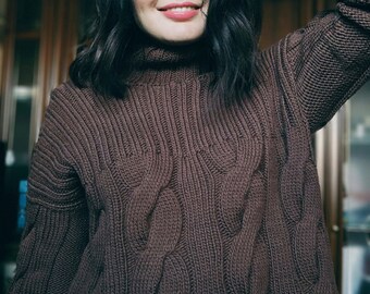 Brown cable knit sweater womens Chunky turtleneck Merino wool sweater women Cropped knit sweater