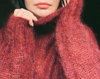 Burgundy sweater Mohair turtleneck Hand knit mohair sweater