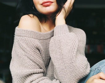 Gerippter Strickpullover Oversized Pullover Alpaka Pullover Frauen