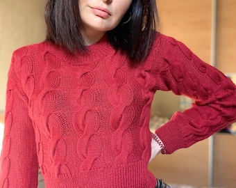 Hand knit crop top Fitted sweater Alpaca sweater women Cable knit sweater women