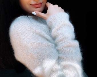 White mohair sweater Sheer sweater Hand knit mohair sweater women