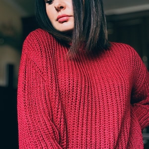 Chunky merino sweater Hand knit burgundy sweater Oversized wool pullover women