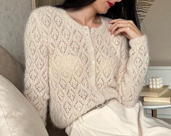 Handmade alpaca cardigan Lace knit blouse Lightweight cardigan for women XS