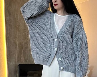 Chunky cotton cardigan Oversized V neck sweater Gray cardigan for women