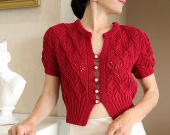 Red cable knit cardigan Handknit crop top Cotton cardigan sweater for women