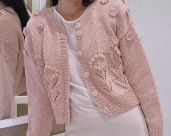 Pink cropped cardigan Flower knit cardigan Cotton knit cardigan