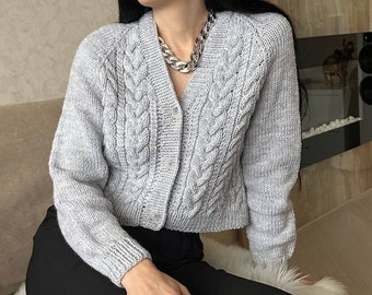 Crop cable knit cardigan Chunky hand knit cardigan for women Handmade wool cardigan