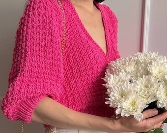 Cropped pink cardigan Cotton hand knit cardigan Short sleeve cardigan for women