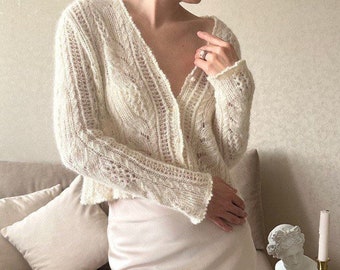 White cropped cardigan Lace knit cardigan for women Alpaca cardigan