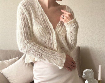 White lace cardigan Alpaca cardigan for women Light cardigan