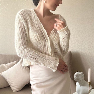 White lace cardigan Alpaca cardigan Cropped cardigan for women