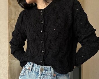 Hand Knit Black Merino Wool Cardigan: Cropped Lace Sweater