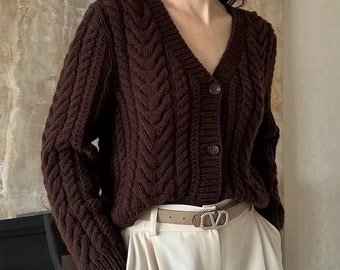 V neck cable knit cardigan Cropped wool cardigan Cardigan sweater for women S