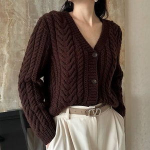 Chunky cable knit sweater for women Cropped knit cardigan Hand knit wool cardigan S