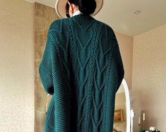 Long cable cardigan for women Green wool cardigan Oversized long cardigan