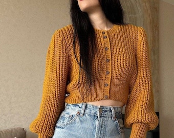 Wool cropped cardigan Balloon sweater Mustard top