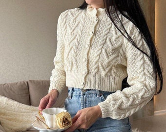 Cropped chunky cardigan Ruffle collar blouse Cable knit cardigan for women XS