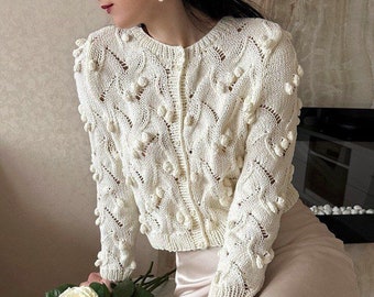 Chunky cotton cardigan Crop top cardigan White knit cardigan for women