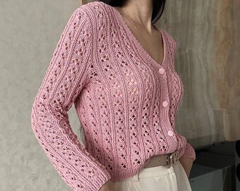 Cropped cardigan pink Cotton knit cardigan for women Lace cardigan