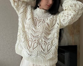 Hand knit summer sweater Cotton chunky knit sweater White handmade sweater for women
