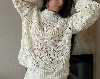 Chunky knit sweater cream Hand knit cotton sweater Knit lace sweater for women