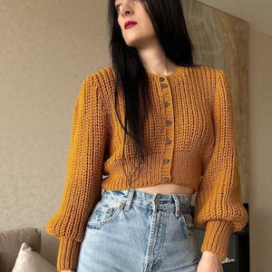 Cropped wool cardigan Long sleeve knitted crop top Button up cardigan sweater