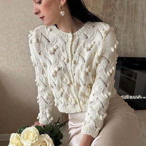 Chunky cotton cardigan Crop top cardigan White knit cardigan for women