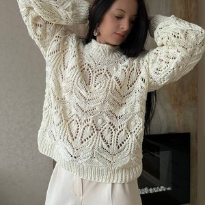 Chunky knit sweater cream Hand knit cotton sweater Knit lace sweater for women image 1