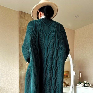 Long cable cardigan for women Green wool cardigan Oversized long cardigan