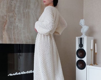 Maxi cardigan sweater White chunky cardigan Hand knit long cardigan for women