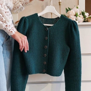Cropped wool jacket Hand knit chunky cardigan Green cardigan sweater for women