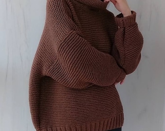 Hand knit oversize brown cotton turtleneck sweater women Chunky oversized cotton sweater handmade