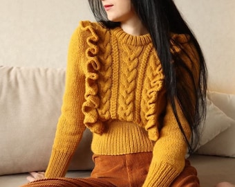 Handmade cable knit sweater for women Cropped wool sweater Chunky hand knit sweater