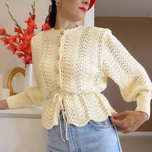 Balloon sleeve blouse Cotton hand knit cardigan Lace knit cardigan