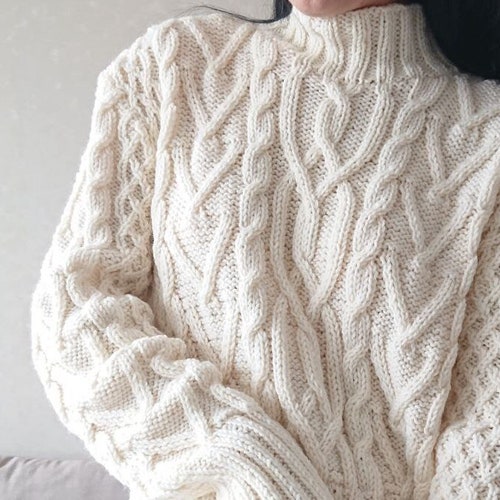 Cream Cable Knit Sweater Chunky Turtleneck Aran Sweater for - Etsy