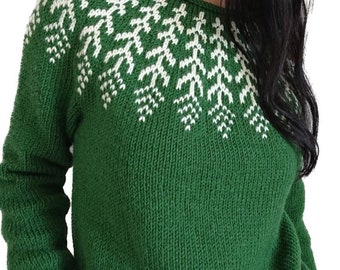 Handmade fair isle sweater Icelandic sweater for women Green wool sweater