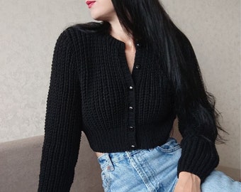 Cropped black cardigan  Hand knit crop top Button up cardigan women