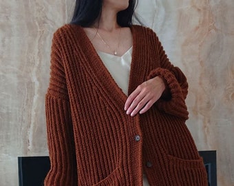 Mid length cardigan for women Chunky knit oversized cardigan Wool hand knit cardigan women