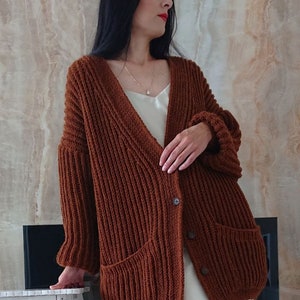 Mid length cardigan for women Chunky knit oversized cardigan Wool hand knit cardigan women image 1