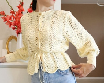 Austrian cardigan Puffy sleeve blouse Hand knit cotton sweater for women