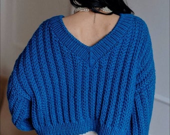 Open back sweater Oversized V neck sweater Chunky hand knit sweatrer for women